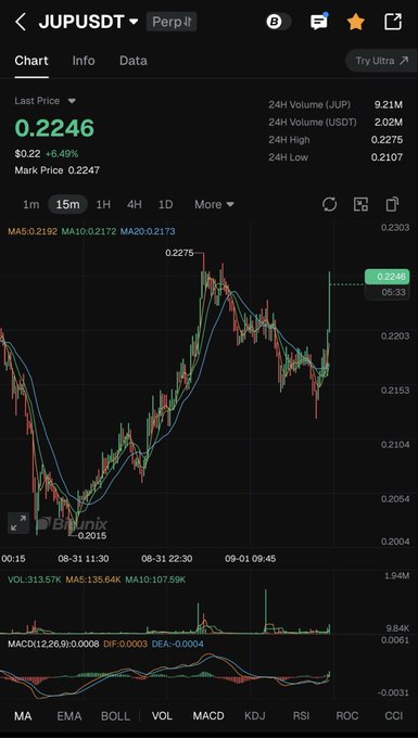 A cryptocurrency price chart for JUPUSDT showing a last price of 0.2246 with a +6.49% increase, displaying candlestick data and technical indicators.