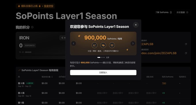 A screenshot of a cryptocurrency rewards page titled "SoPoints Layer1 Season" showing a pop-up offering 900,000 SoPoints with Chinese text and a reward link ending in /ZEZAPLSB.