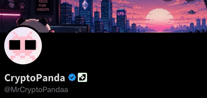 The image shows a Twitter/X profile banner for "CryptoPanda" (@MrCryptoPandaa), featuring a pixel-art panda avatar against a neon cityscape backdrop, with the post announcing a partnership with derpetuals backed by Peter Thiel.