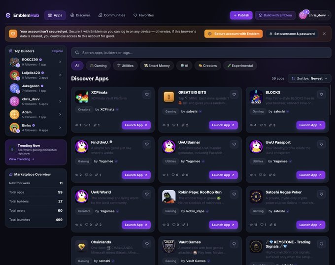 The image displays the EmblemHub app discovery platform, showing a grid of recently launched crypto apps including XCPirata, Great Big Bits, Blocks, Find UwU, UwU Banner, UwU Passport, UwU World, Robin Pepe, Satoshi Vegas Poker, Chainlands, Vault Games, and Keystone Trading Signals—with 59 apps available and 11 new launches this week, illustrating the post's message about new apps launching daily on the platform.