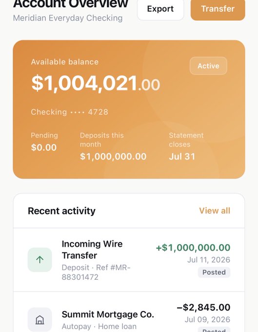 A banking app screenshot showing a Meridian Everyday Checking account with an available balance of $1,004,021.00, including a recent $1,000,000.00 incoming wire transfer and a $2,845.00 autopay to Summit Mortgage Co. The post playfully asks how one would spend the seven-figure balance, with the image illustrating the hypothetical scenario of having over a million dollars in a checking account.