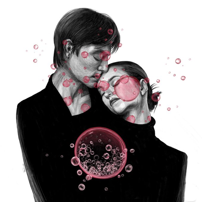 A black and white illustration of a couple embracing, overlaid with translucent pink bubbles, with a large bubble over their chest.
