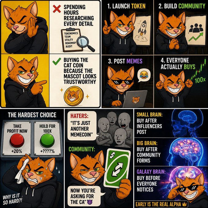 A multi-panel comic-style infographic about memecoin strategy featuring an orange cat mascot in various scenarios.