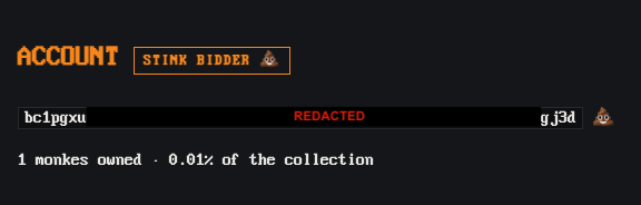 A profile snippet for a user named "STINK BIDDER" on the bclpgxu collection shows they own 1 monke (0.01% of the collection) and have had their address redacted, with the username gJ3d. This relates to the "STINK BID FILTERING" announcement, illustrating an example account flagged as a stink bidder who would be hidden by default in the new filtering system.