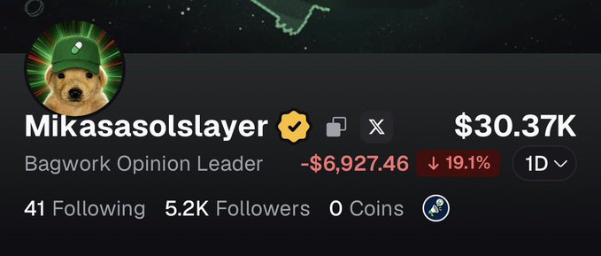 A profile card for 'Mikasasolslayer' labeled 'Bagwork Opinion Leader' showing a teddy bear avatar in a green hat, $30.37K value, -$6,927.46 (down 19.1%), 41 following, 5.2K followers, 0 coins.