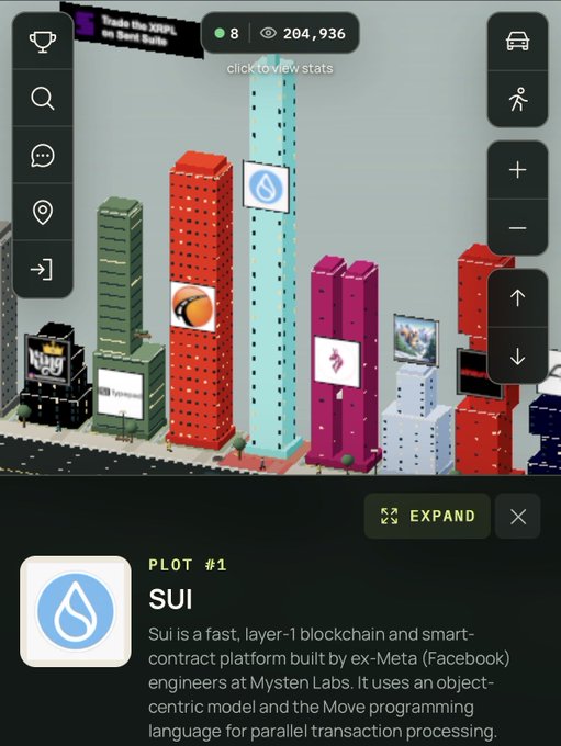 Mobile app interface showing a 3D crypto-themed city called 'BitCity' with the SUI blockchain tower featured as Plot #1, described as 'a fast, layer-1 blockchain and smart-contract platform built by ex-Meta (Facebook) engineers at Mysten Labs.'