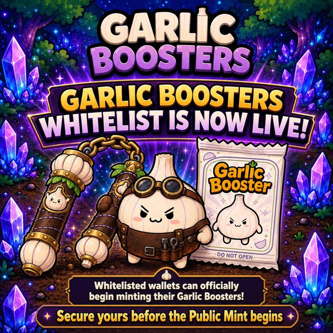 A promotional graphic for 'Garlic Boosters' NFT mint, featuring a cute garlic character with goggles and a backpack, alongside a garlic-themed booster pack. The text announces 'GARLIC BOOSTERS WHITELIST IS NOW LIVE!' and 'Whitelisted wallets can officially begin minting their Garlic Boosters!'
