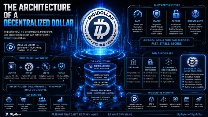An infographic titled 'The Architecture of a Decentralized Dollar' explaining DigiDollar (DD), a digital token built on the Digibyte blockchain, highlighting features like being fast, stable, secure, and decentralized.