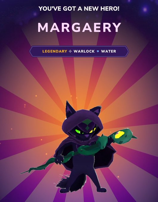 A mobile game screen displays 'YOU'VE GOT A NEW HERO!' and 'MARGAERY' as a Legendary Warlock Water character, showing a hooded cat-like creature in a purple cloak holding a green staff against a sunburst background.