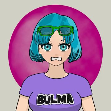 An anime-style illustration of a blue-haired character wearing green sunglasses and a purple "BULMA" t-shirt against a pink circular background.