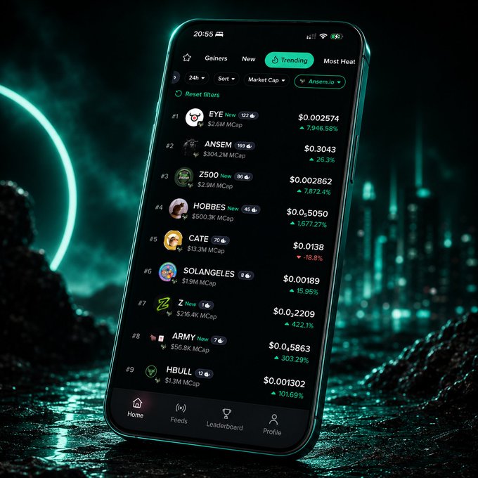 A smartphone mockup set against a dark cyberpunk cityscape displaying a trending crypto list including EYE ($0.002574), ANSEM ($0.3043), Z500 ($0.002862), HOBBES ($0.0,5050), CATE ($0.0138), SOLANGELES ($0.00189), Z ($0.0,2209), ARMY ($0.0,5863), and HBULL ($0.001302).