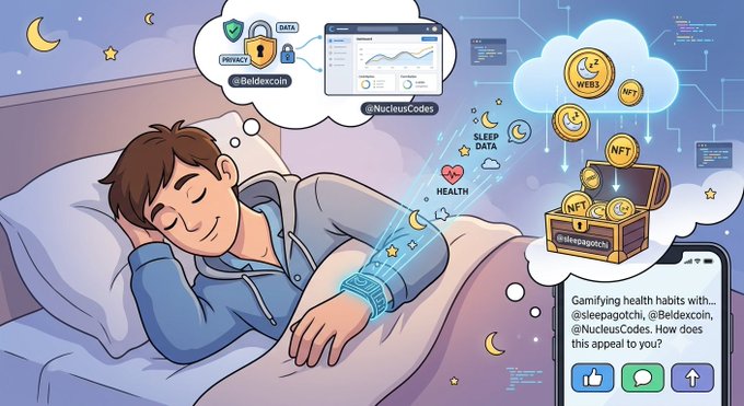 Illustration of a young man sleeping peacefully in bed with a smartwatch, surrounded by thought bubbles depicting crypto/Web3 concepts including '@Beldexcoin', '@NucleusCodes', and a tweet about 'Gamifying health habits'.