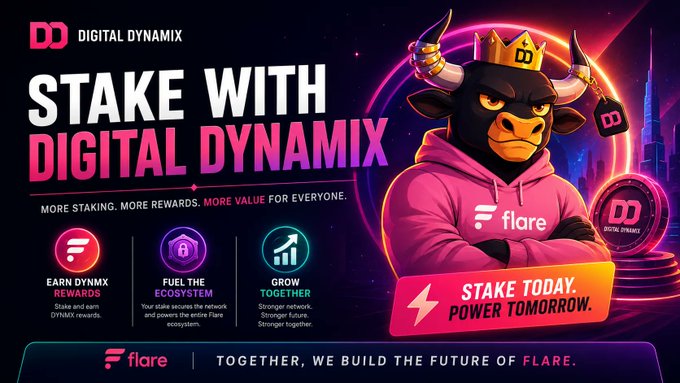 A promotional banner for 'Digital Dynamix' featuring a crowned bull mascot advertising staking rewards on the Flare network.