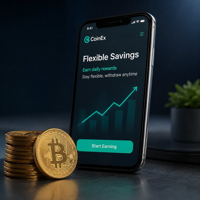 A smartphone displays the CoinEx app's Flexible Savings feature with text 'Earn daily rewards' and 'Start Earning,' accompanied by a stack of gold Bitcoin tokens and a small plant in the background.