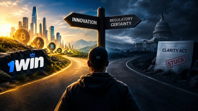 An illustrative graphic showing a person from behind facing a fork in the road; the left path points toward 'INNOVATION' with cryptocurrency logos and a '1win' sign, while the right path leads to 'REGULATORY CERTAINTY' with a 'CLARITY ACT' sign stamped 'STUCK'.