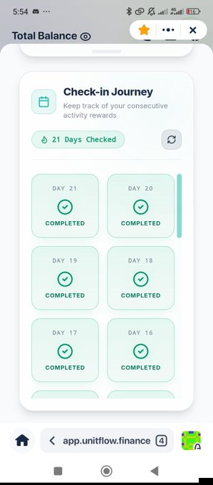 A screenshot of a mobile app interface titled 'Check-in Journey' showing a 21-day consecutive activity rewards tracker with Days 16-21 marked as completed on app.unitflow.finance.
