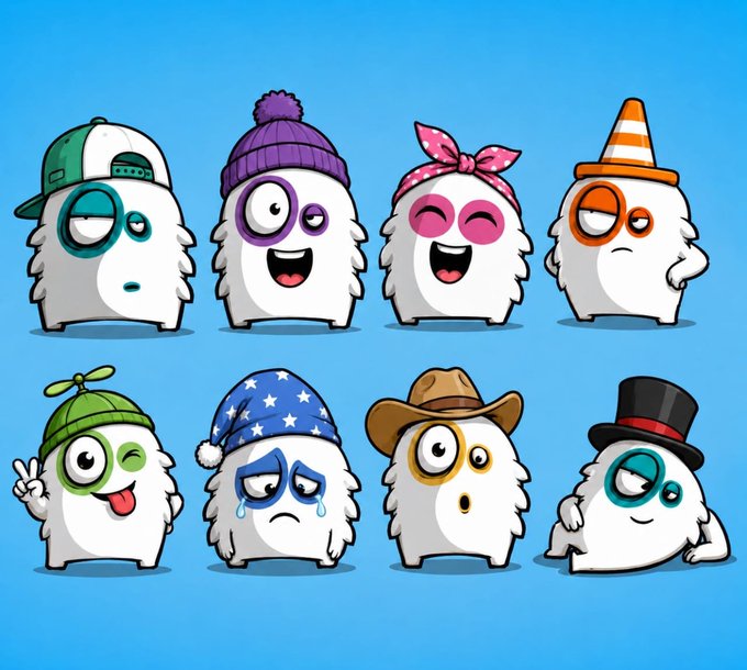 A collection of eight cute cartoon yeti mascot characters wearing various hats (baseball cap, beanie, bandana, traffic cone, propeller cap, nightcap, cowboy hat, and top hat) with different facial expressions, likely serving as NFT profile picture (PFP) designs for a giveaway offering whitelist spots to participants.