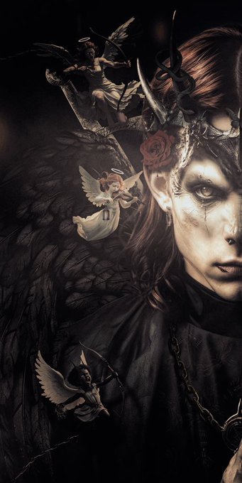 A dark fantasy digital painting of an elf-like figure with pointed ears and a horned headpiece, surrounded by small winged cherubs.