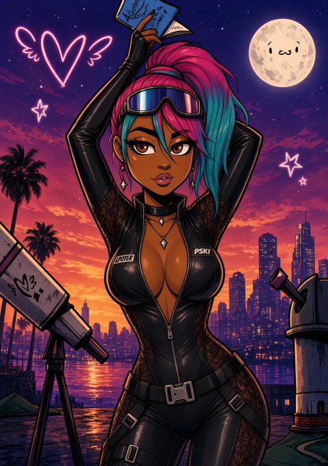 A stylized anime-style illustration of a woman with pink and blue hair wearing a black leather outfit with 'PSKI' and 'UNDER' labels, holding a book above her head against a sunset city skyline backdrop featuring a telescope and a smiling moon.