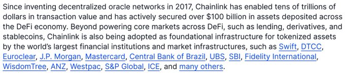 Text about Chainlink's role in decentralized oracle networks since 2017, mentioning it has secured over $100 billion in assets and listing major partners like Swift, DTCC, Euroclear, J.P. Morgan, Mastercard, Central Bank of Brazil, UBS, SBI, Fidelity International, WisdomTree, ANZ, Westpac, S&P Global, and ICE.