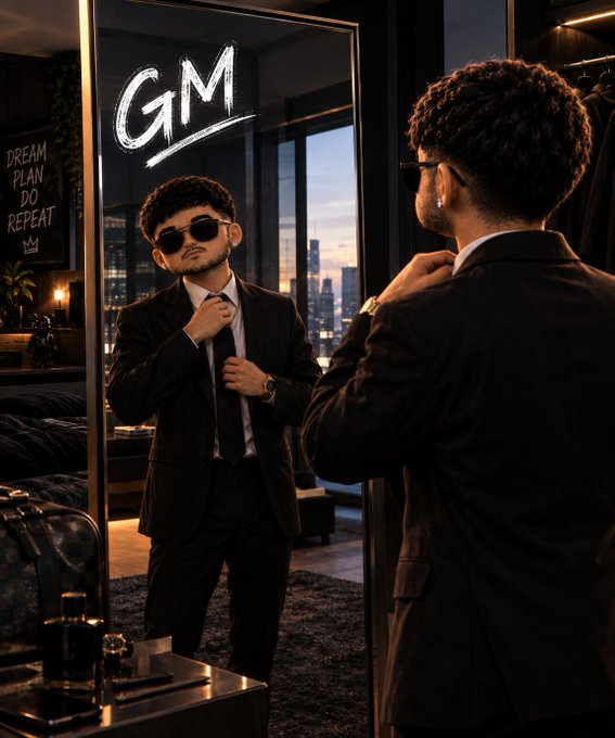 A man in a black suit and sunglasses adjusting his tie while looking into a mirror in a modern apartment with 'GM' written on the mirror and 'DREAM PLAN DO REPEAT' on a chalkboard sign in the background.