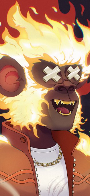 A vibrant digital illustration of a stylized character with a brown skull-like face, glowing X-shaped eyes, sharp teeth, and a massive mane of yellow and orange flames, wearing a red jacket and gold chain.