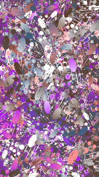 An abstract, chaotic pattern of overlapping shapes, lines, and dots in shades of purple, pink, blue, black, and white.