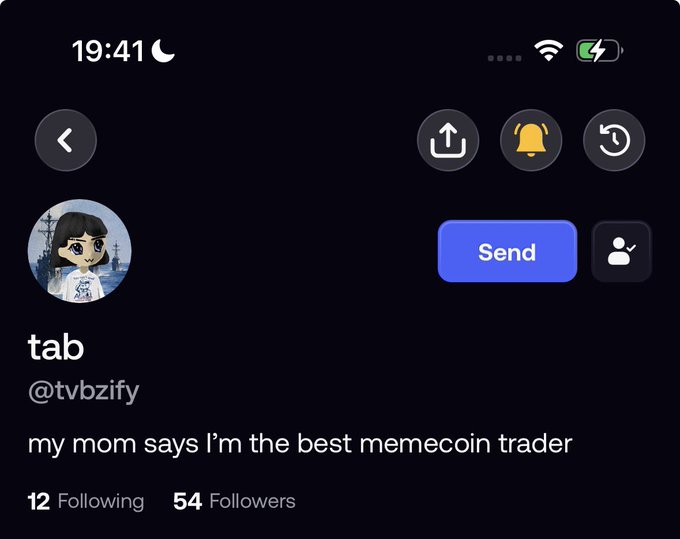 A social media profile screen for user 'tab' (@tvbzify) with the bio 'my mom says i'm the best memecoin trader', showing 12 Following and 54 Followers at 19:41.