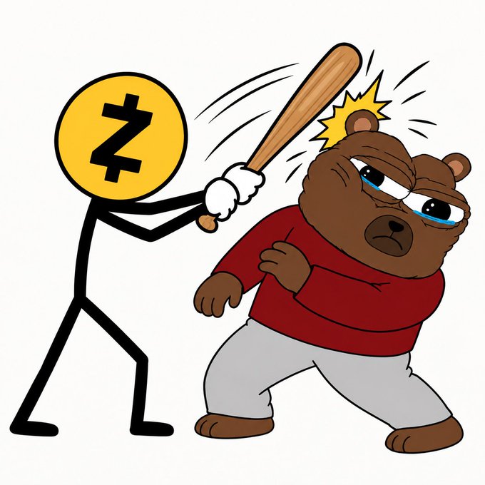A Zcash (ZEC) coin-headed stick figure swings a baseball bat at a teary-eyed bear, illustrating the post's message of shorting ZEC against bearish market sentiment.
