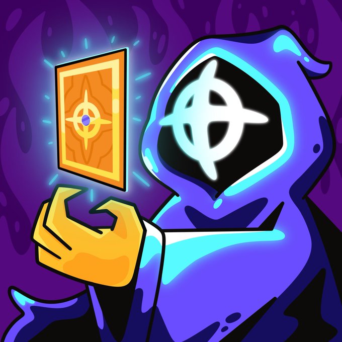 A cartoon-style illustration of a hooded figure in a blue cloak with a symbol-covered face, holding up a glowing orange card with a target symbol against a purple background.