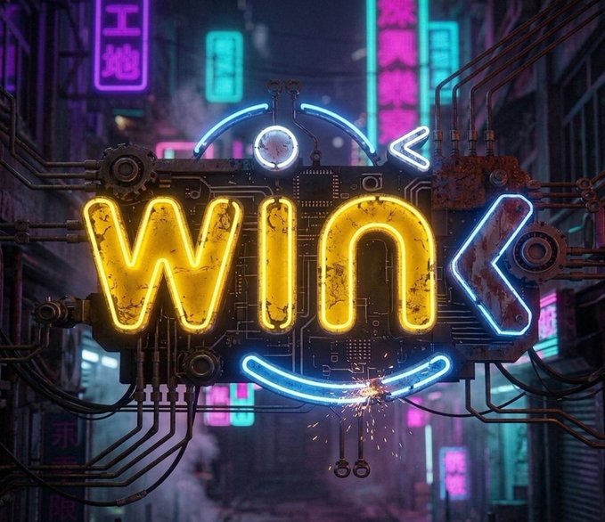 A neon cyberpunk-style graphic displays the word 'WIN' in glowing yellow letters with blue arrows, set against an industrial circuit board background.