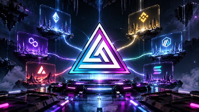 A futuristic cyberpunk-style digital artwork featuring a glowing triangular symbol in the center surrounded by floating holographic platforms displaying various cryptocurrency or digital asset icons in vibrant neon colors.