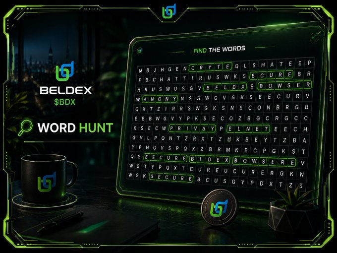 A green-themed Beldex ($BDX) cryptocurrency promotional graphic featuring a 'Word Hunt' word search puzzle with crypto terms like SECURE, PRIVACY, ANONYMOUS, and BOWSER highlighted.