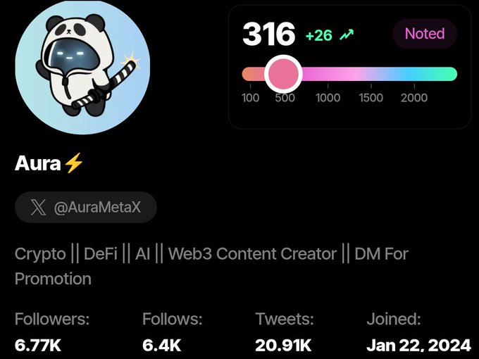A Twitter/X profile page for 'Aura' (@AuraMetaX) with a panda astronaut avatar, showing 316 aura points, 6.77K followers, and bio mentioning Crypto, DeFi, AI, and Web3.