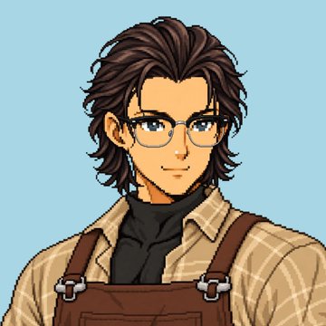 A 2D anime-style portrait of a young man with brown wavy hair and glasses, wearing a brown plaid shirt, dark turtleneck, and brown overalls against a light blue background.