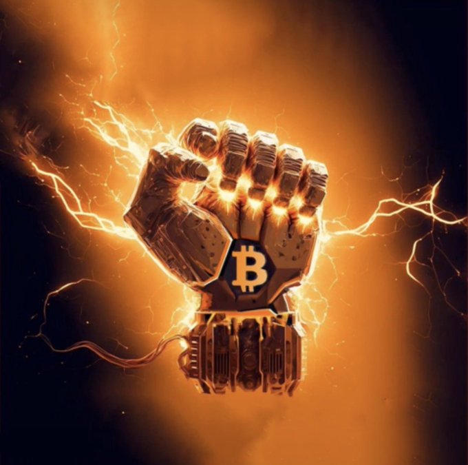 A mechanical fist bears the Bitcoin "₿" symbol and radiates bursts of electrical energy, visually channeling the post's message of the "BTC POWER" surge.