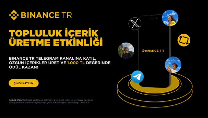 The image is a Binance TR promotional banner for a "Topluluk İçerik Üretme Etkinliği" (Community Content Creation Event), inviting users to join the Binance TR Telegram channel, create custom content, and win 1,000 TL worth of prizes, with an "Şimdi Katıl" (Join Now) call-to-action button. This visually reinforces the post's reminder about the final 12 hours to submit quote tweets and complete the survey for the event.