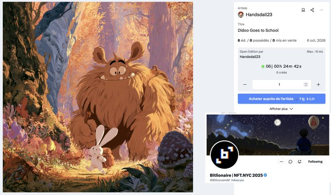 Artwork titled "Didoo Goes to School" by artist Handsdal23 displayed on a digital marketplace, showing a furry brown monster and a small white bunny in a forest setting, listed for 1 ETH with 6 hours left on 6 oct. 2026.