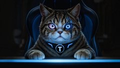 A tabby cat sits at a computer with glowing blue eyes, paws resting on a keyboard, wearing a headset with the letter "T" on it—symbolizing its role as a vigilant crypto watcher monitoring $TCAT wallets accumulating $TAO tokens.