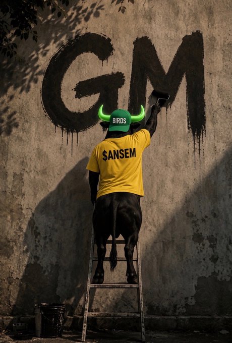 A person wearing a yellow shirt labeled 'SANSEM' and a green hat with horns labeled 'BIRDS' stands on a ladder painting 'GM' in large black letters on a textured wall.