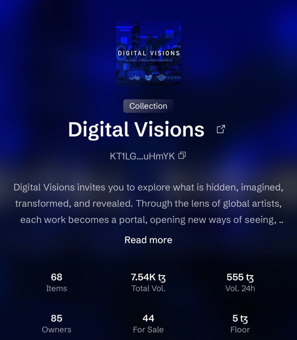 A webpage for a digital art collection titled 'Digital Visions' showing 68 items, 85 owners, 7.54K total volume, and 555 volume in 24 hours on a dark blue background.