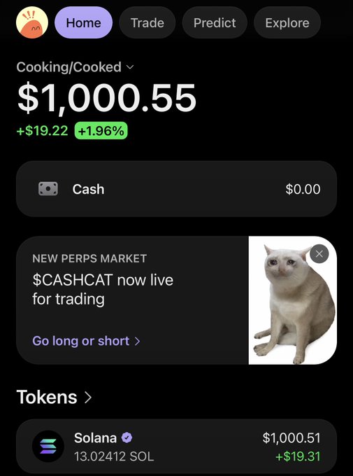 A crypto portfolio screenshot shows a balance of $1,000.55 (up +$19.22 or +1.96%) with a Solana holding of 13.02412 SOL ($1,000.51, +$19.31), tagged "Cooking/Cooked" — directly referencing the poster's claim of winning a $1,000 $ANSEM giveaway.