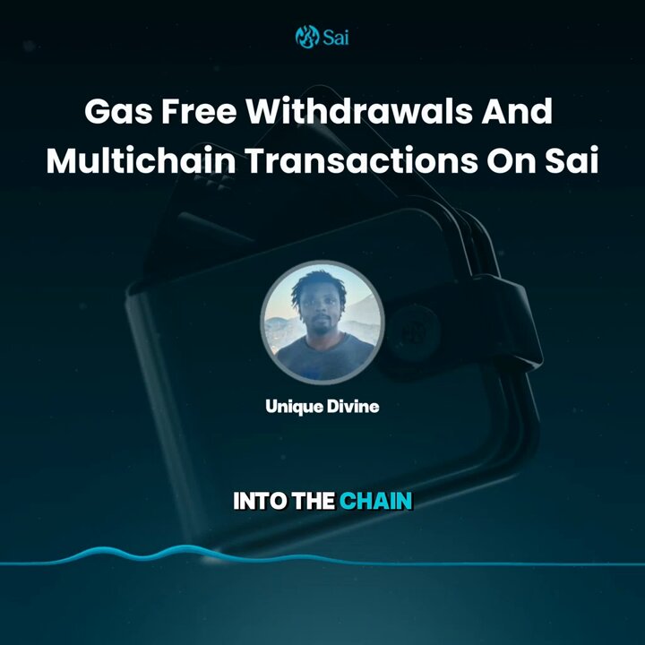 The image features a man's face with a wallet, which has been sponsored by @Sai. The wallet is placed on top of a blue background that says "into the chain" at the bottom. The text above the wallet reads "Gas Free Withdrawals and Multichain Transactions On Sai", indicating that the wallet is related to the cryptocurrency world or blockchain technology. The image also includes a watermark, which reads "@ethereum @Solana".