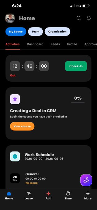 A mobile app screenshot showing a work dashboard with a clock displaying 12:46:00, a Check-In button, a 'Creating a Deal in CRM' course at 0%, and a work schedule for September 2026.