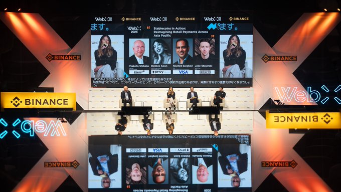 A Binance Web3 stage with panelists and a screen displaying 'Stablecoins in Action: Reshaping Real Payments Across Asia-Pacific' featuring speakers from DWS, VISA, and OSL.