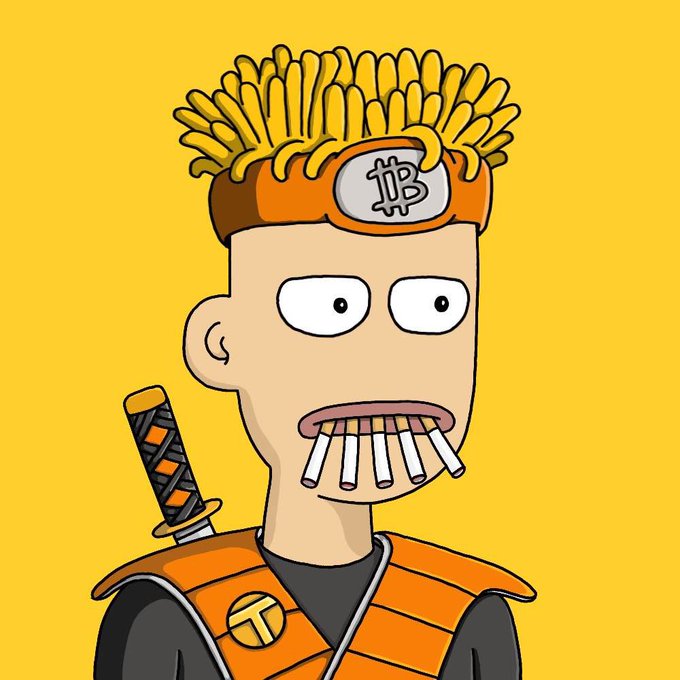 A cartoon avatar of a ninja-like character with spiky yellow hair, wearing a headband with the Bitcoin '₿' logo, an orange vest with the Tether '₮' logo, and holding a katana.