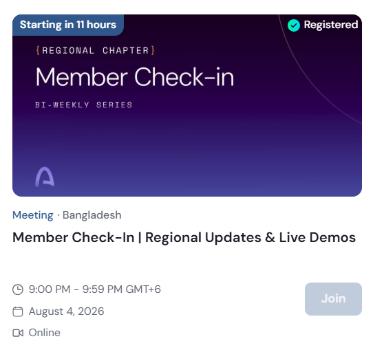 Event registration page for a 'Member Check-in' meeting in Bangladesh, scheduled for August 4, 2026, from 9:00 PM - 9:59 PM GMT+6, marked as 'Registered'.