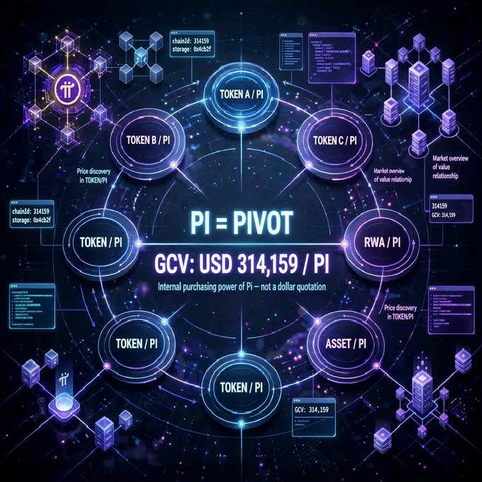A futuristic digital diagram illustrates the "PI = PIVOT" concept, with various token categories (TOKEN A/PI, TOKEN B/PI, RWA/PI, ASSET/PI) arranged in a circular framework around a central GCV value of USD 314,159, emphasizing Pi's role as a common base for pricing assets rather than a dollar quotation.