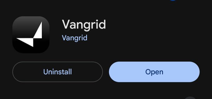 A mobile phone screen displays the App Store page for the app 'Vangrid' with 'Uninstall' and 'Open' buttons visible.