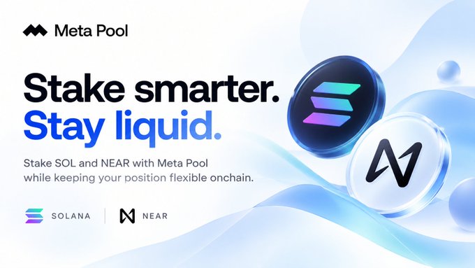 A Meta Pool promotional banner reading 'Stake smarter. Stay liquid.' advertising SOL and NEAN staking on Solana and NEAR networks.